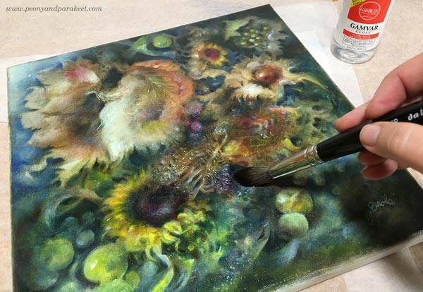 Varnishing an oil painting with Gamvar Picture Varnish. By Paivi Eerola from Peony and Parakeet, Finland.