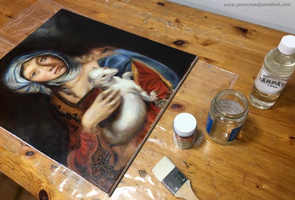 Varnishing an oil painting with Rublev Dammar Finishing Varnish. By Paivi Eerola from Peony and Parakeet, Finland.