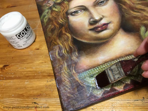 Varnishing an acrylic painting. Step 1: Adding a layer of gel medium. By Paivi Eerola from Peony and Parakeet.