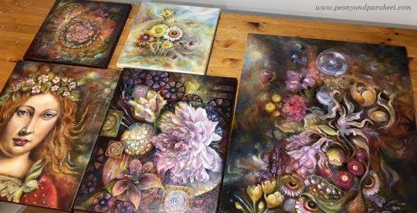 Freshly varnished paintings by Paivi Eerola, Finland.