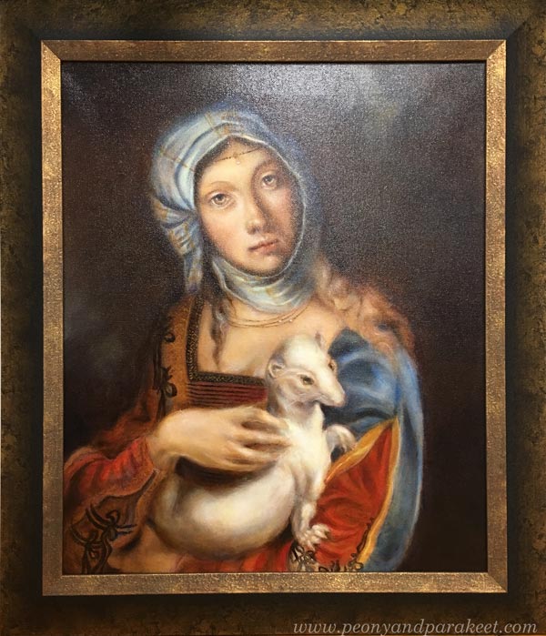 Gypsy Madonna, an oil painting combining Leonardo da Vinci's and Boccaccio Boccaccino's work. Framed and varnished. By Paivi Eerola from Finland.