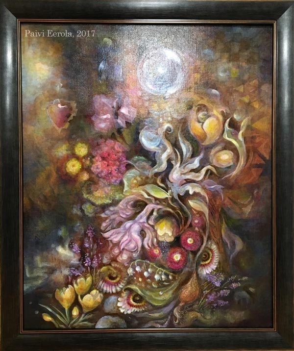 Living Treasure, an acrylic painting by Paivi Eerola from Peony and Parakeet. Framed, varnished, and sold.