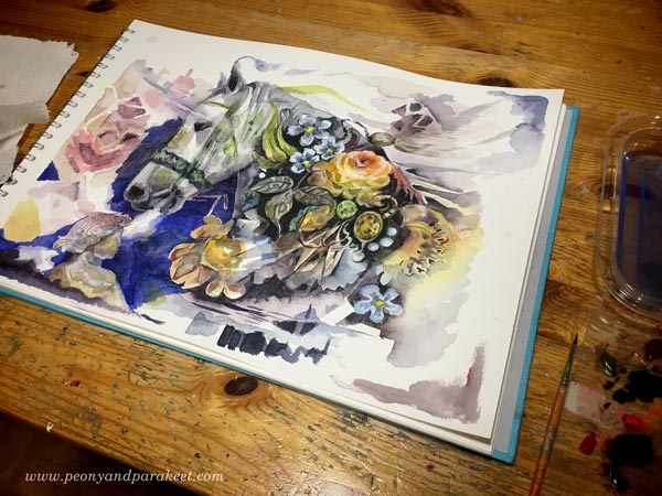 Creating horse art - a watercolor painting in progress. By Paivi Eerola from Peony and Parakeet.