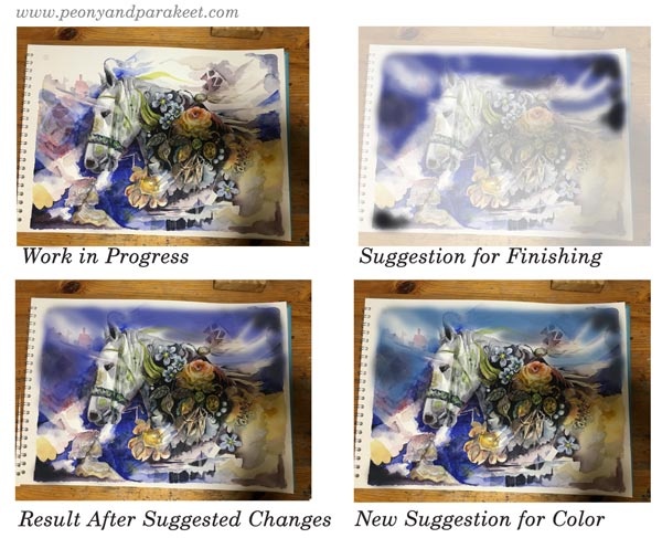 Planning how to proceed with suggestions made in Photoshop. By Paivi Eerola from Peony and Parakeet.