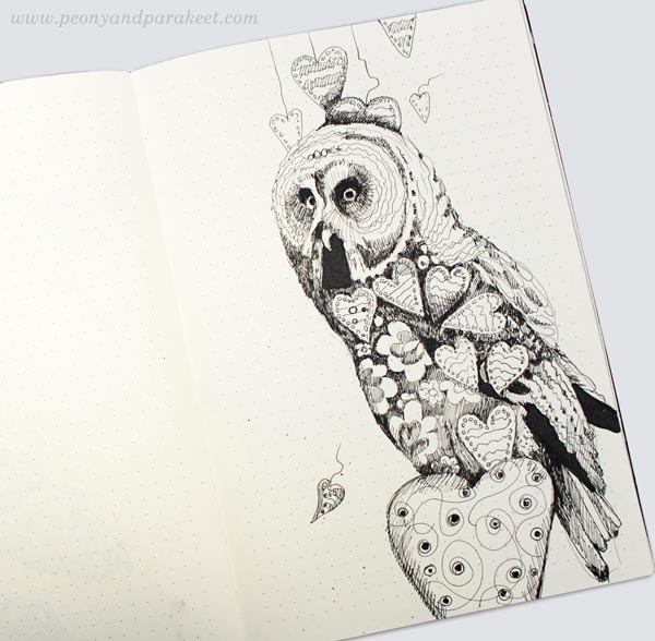 Owl on a dotted notebook. By Paivi Eerola from Peony and Parakeet. See her bujo drawing ideas!