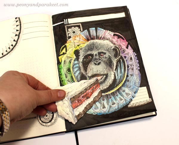 Playing with ink drawings and handdrawn collage pieces. By Paivi Eerola from Peony and Parakeet. Monkey eating cake.