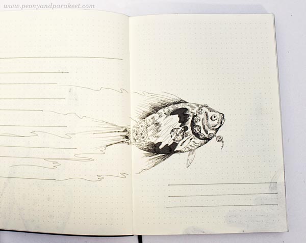 Fish on a dotted notebook. By Paivi Eerola from Peony and Parakeet. See her bujo drawing ideas!