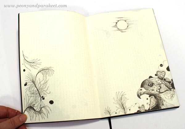 Birds on a dotted notebook. By Paivi Eerola from Peony and Parakeet. See her bujo drawing ideas!