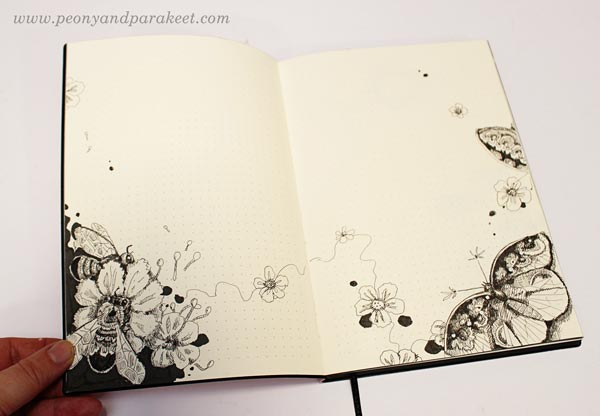 Bees and butterflies on a dotted notebook. By Paivi Eerola from Peony and Parakeet. See her bujo drawing ideas!