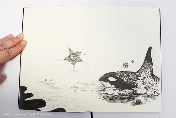 Whale on a dotted notebook. By Paivi Eerola from Peony and Parakeet. See her bujo drawing ideas!