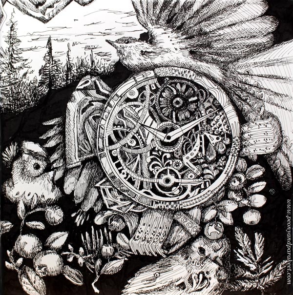 Inktober 2018, day 14, Clock. Art by Paivi Eerola from Peony and Parakeet.