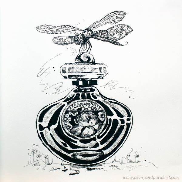 Inktober 2018, day 18, Bottle. Art by Paivi Eerola from Peony and Parakeet.