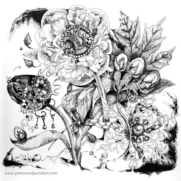 Inktober 2018, day 22, Expensive. Inspired by four seasons. Art by Paivi Eerola from Peony and Parakeet.