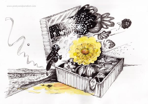 Inktober 2018, day 28, Gift. Art by Paivi Eerola from Peony and Parakeet.