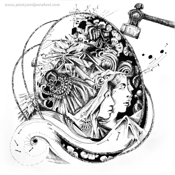 Inktober 2018, day 30, Jolt. Art by Paivi Eerola from Peony and Parakeet.