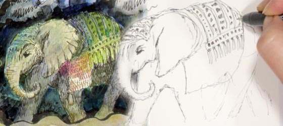 Drawing elephants. Animal Inkdom, a drawing class by Paivi Eerola from Peony and Parakeet.