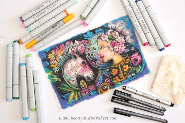 Drawing on fabric with Copics by Paivi Eerola from Peony and Parakeet.