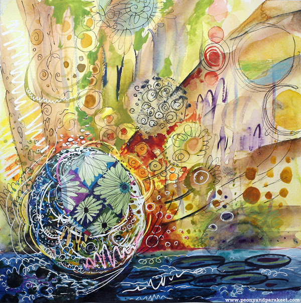 Bursting Circle, mixed media art exercise by Peony and Parakeet