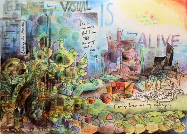 Art journal page from 2015. Drawing freely without models. Drawing inspiration for those who say they can't draw.