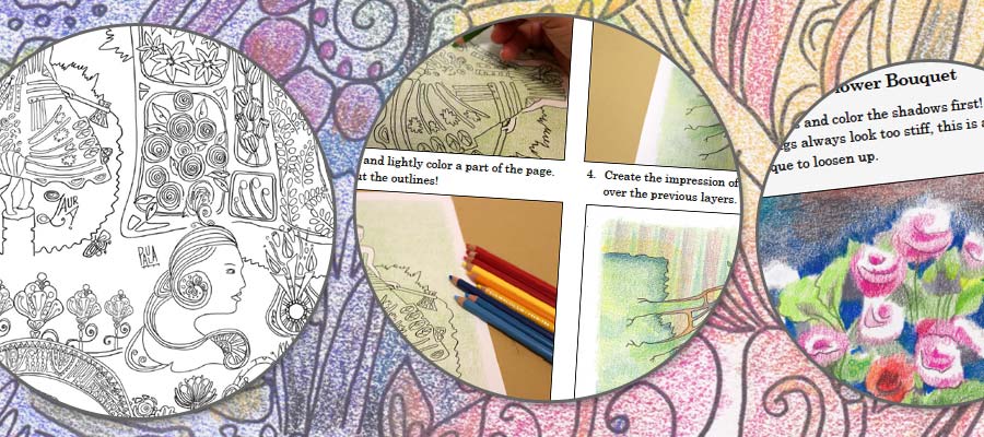 Coloring Freely, an e-Book about coloring techniques with colored pencils, sample pages. By Paivi Eerola of Peony and Parakeet.