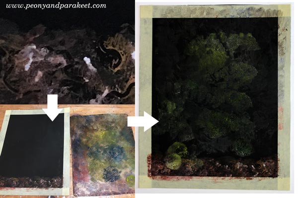 The beginning of a monoprint. See how this piece progressed! By Paivi Eerola from Peony and Parakeet.