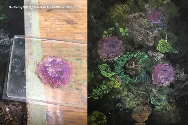 Monoprinting flowers with a small Gelli plate. By Paivi Eerola from Peony and Parakeet. See how this piece was finished!