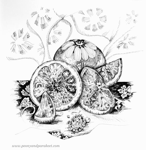 Oranges and jewels. Drawing fruits with decorations. By Paivi Eerola.