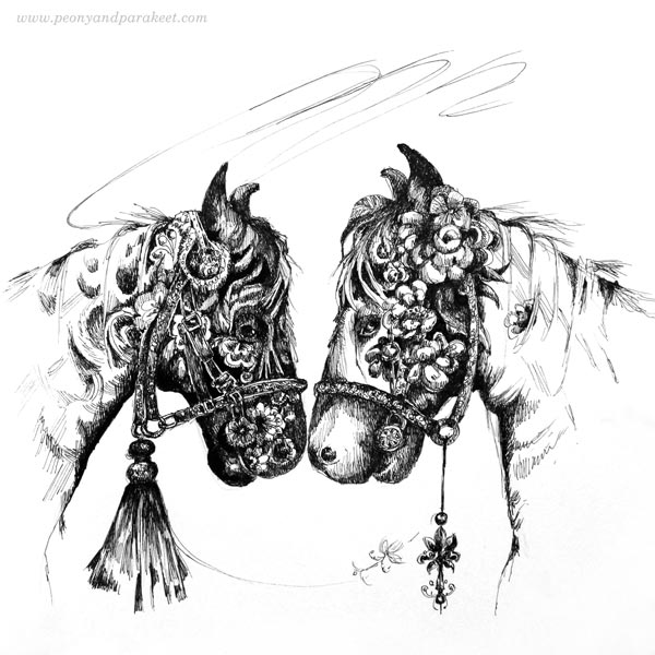 "Double" from Inktober 2018. An ink drawing by Paivi Eerola. Horses with tassels.