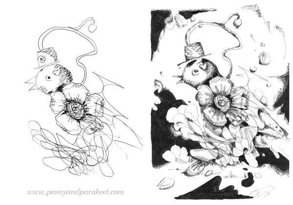 A sketch and the finished drawing by Peony and Parakeet. Watch Paivi's webinar about the joy of drawing and get her tips to enjoy and keep drawing!