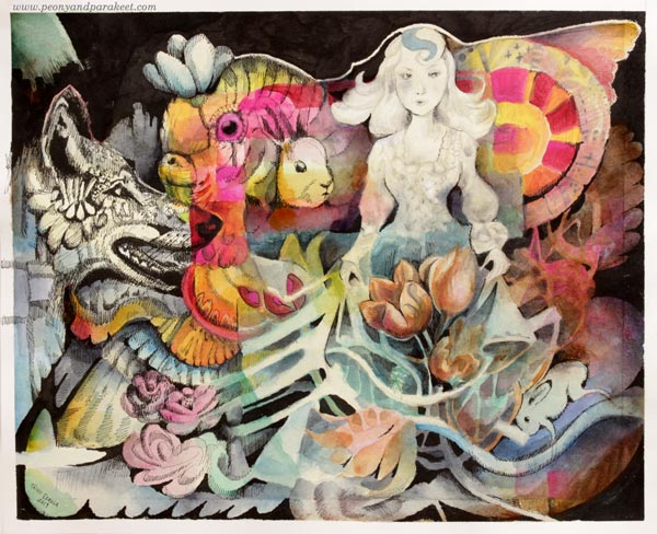 Mixed media art by Paivi Eerola from Peony and Parakeet. This one is called "Living Paper Doll"