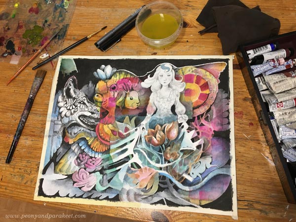 Mixed media art by Paivi Eerola from Peony and Parakeet. Watercolors, ink, and graphite pencils.