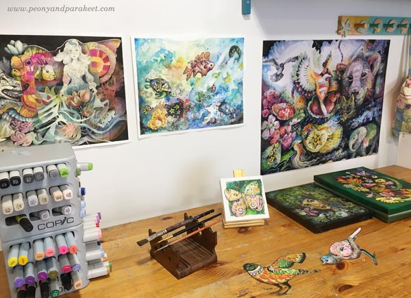 Paivi Eerola's art studio full of joyful art.