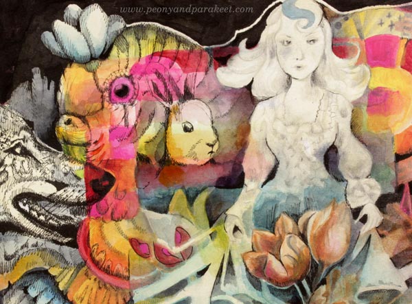 A detail of a mixed media artwork called "Living Paper Doll" by Paivi Eerola from Peony and Parakeet.