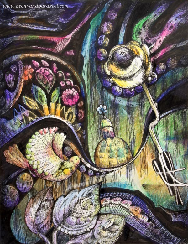 "Believe", handdrawn collage by Paivi Eerola from Peony and Parakeet. Watch her video about making this piece!