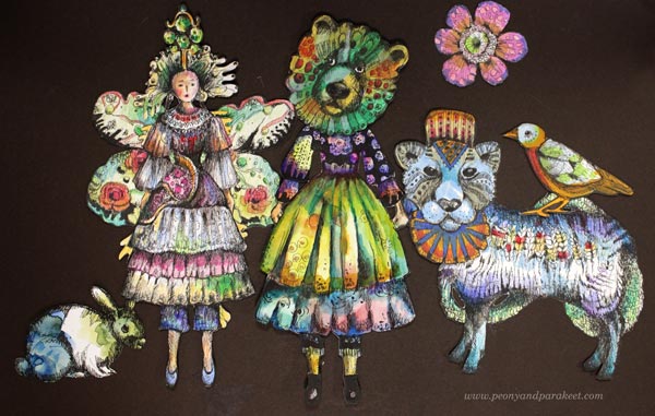 Paivi Eerola's collage art. Drawing paper dolls and animals. Check out her class Animal Inkdom!
