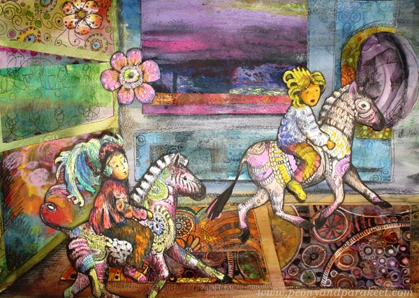 Paper dolls in a art gallery. Handmade paper collage by Paivi Eerola from Peony and Parakeet. The zebras and the riders are from her class Animal Inkdom.