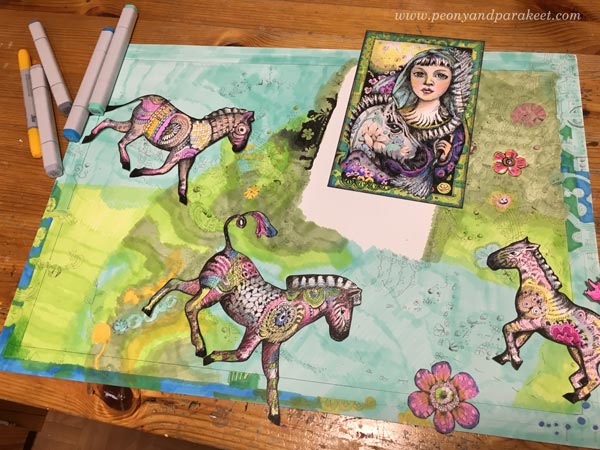 Making of a Zebra Madonna, a hand-drawn collage by Paivi Eerola from Peony and Parakeet. This piece is made mostly with Copic markers.