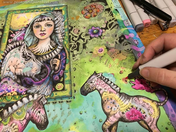 Making of a Zebra Madonna, a hand-drawn collage by Paivi Eerola from Peony and Parakeet. This piece is made mostly with Copic markers.