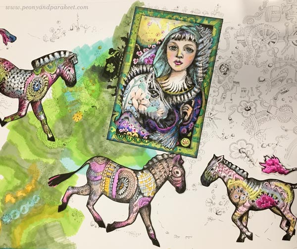 Making of a Zebra Madonna, a hand-drawn collage by Paivi Eerola from Peony and Parakeet.