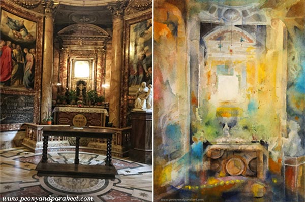 "Eternity", a watercolor painting by Paivi Eerola from Peony and Parakeet and its reference photo taken in Rome.