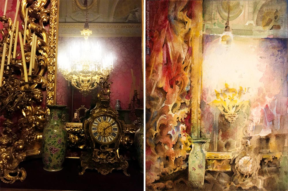 "Heritage" - a watercolor painting by Paivi Eerola from Peony and Parakeet and its reference photo, taken at Palazzo Pitti.