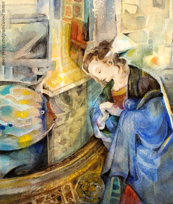 A detail of "Lonely", a surreal watercolor painting by Paivi Eerola from Peony and Parakeet.
