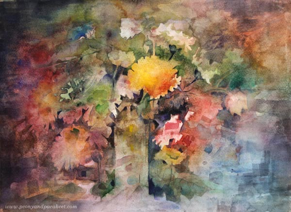 Abstract floral watercolor painting by Paivi Eerola of Peony and Parakeet. 