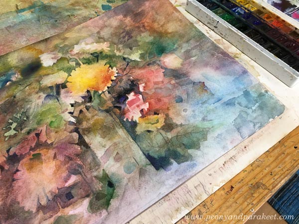 Painting watercolor florals by Paivi Eerola from Peony and Parakeet.