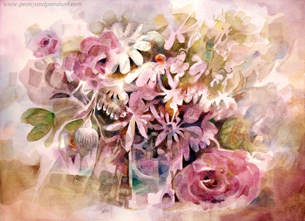 Floral watercolor painting by Paivi Eerola of Peony and Parakeet.