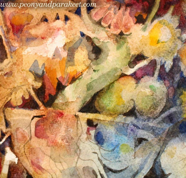 A detail of a watercolor still life painting by Paivi Eerola from Peony and Parakeet.