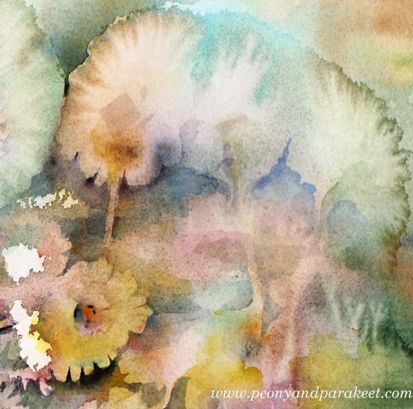 Magical watercolor effects. A detail of a watercolor painting called Abracadabra by Paivi Eerola from Peony and Parakeet.