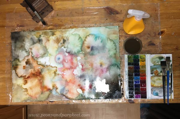 Magical watercolor effects. A watercolor painting in progress. By Paivi Eerola from Peony and Parakeet.