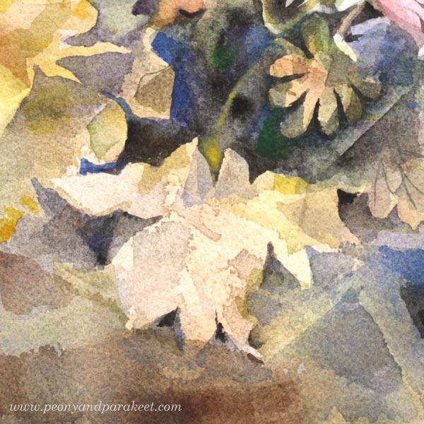 A detail of a watercolor painting. By Paivi Eerola from Peony and Parakeet.