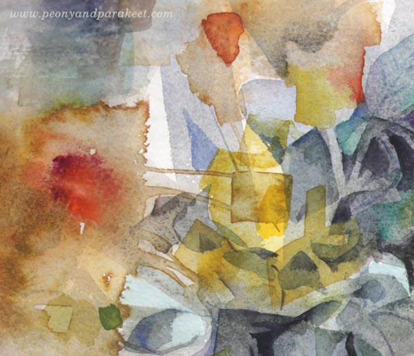 A detail of a floral watercolor painting by Paivi Eerola from Peony and Parakeet.